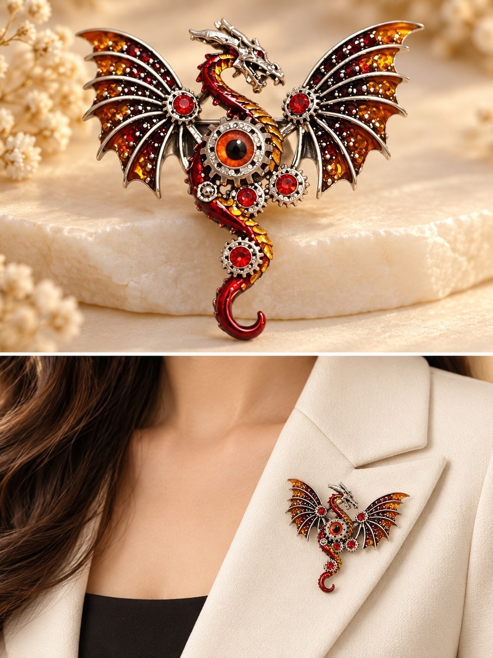 Red and Amber Dragon Brooch Pin - Statement Women’s Jewelry